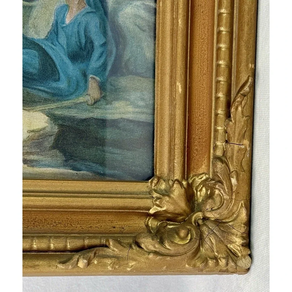 Vintage Jesus Praying Art Under Glass Ornate Gilt Wood Gold Frame Antique